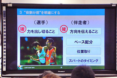中田先生の用意された講習用スライド。パラリンピックで伴走中の写真を効果的に使った分かりやすいスライドがたくさん映されました。